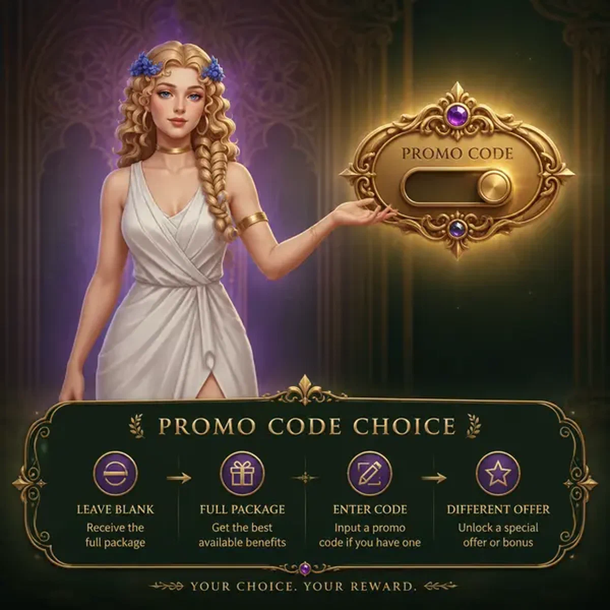 Elegante musa señalando hacia el interruptor dorado de código promocional en el portal de LiraSpin