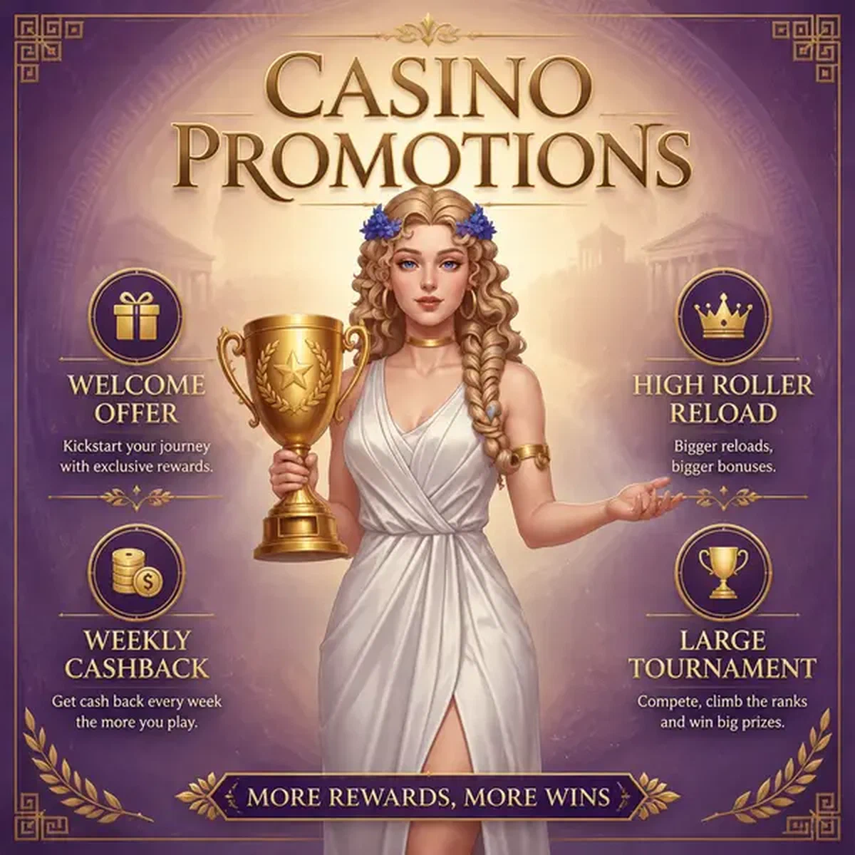 Musa serena sosteniendo trofeo dorado muestra recompensas de bonos y promociones de LiraSpin Casino