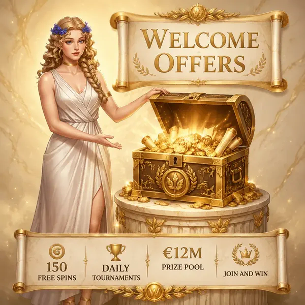 Elegante musa revelando cofre del tesoro de giros gratis en el área de bienvenida de LiraSpin Casino