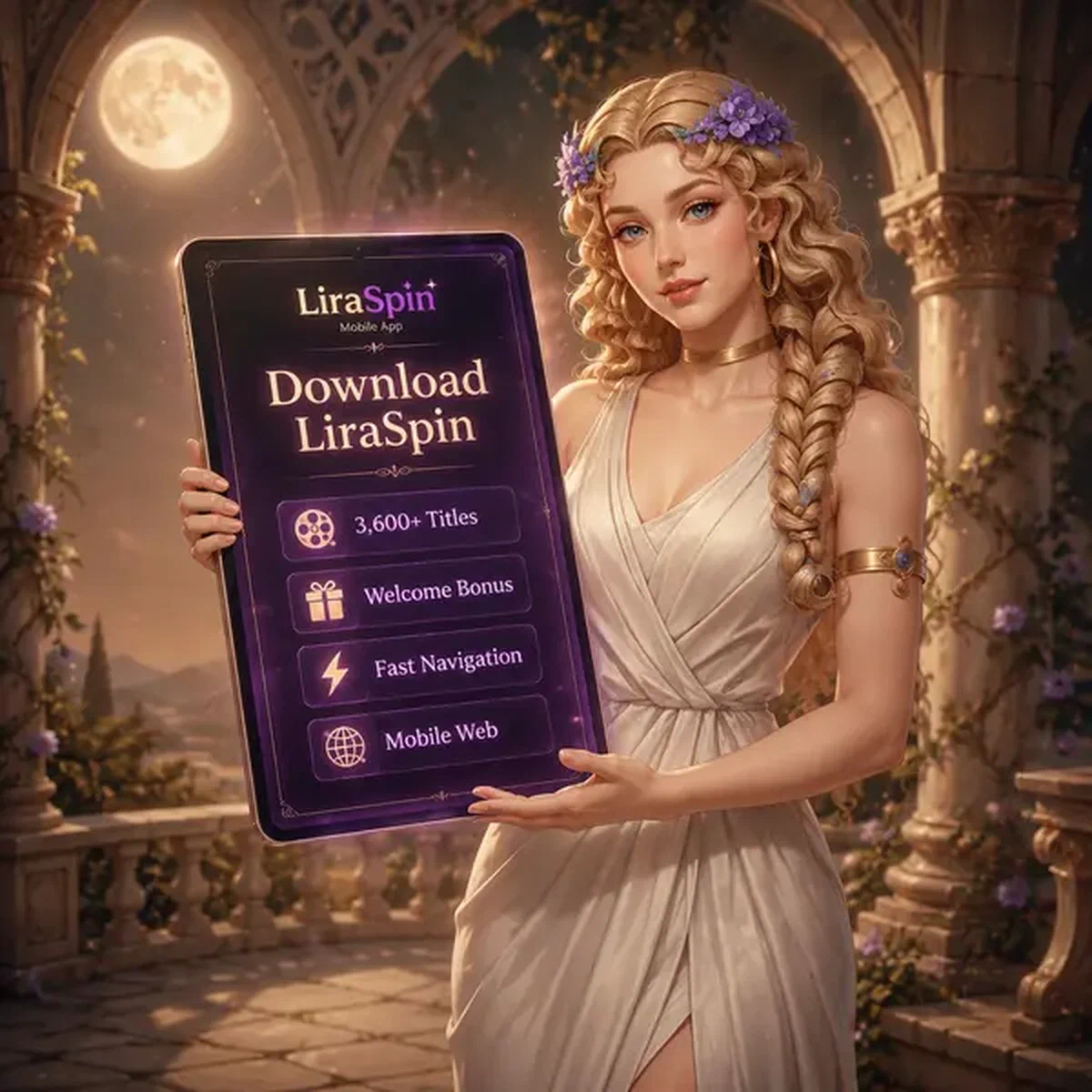 Mascota Muse sosteniendo tablet mostrando opciones de descarga de la app móvil de LiraSpin