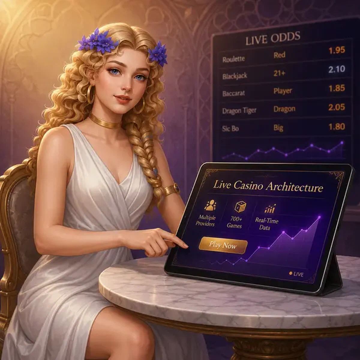 Elegante musa en panel táctil del casino en vivo LiraSpin mostrando análisis de juego en tiempo real