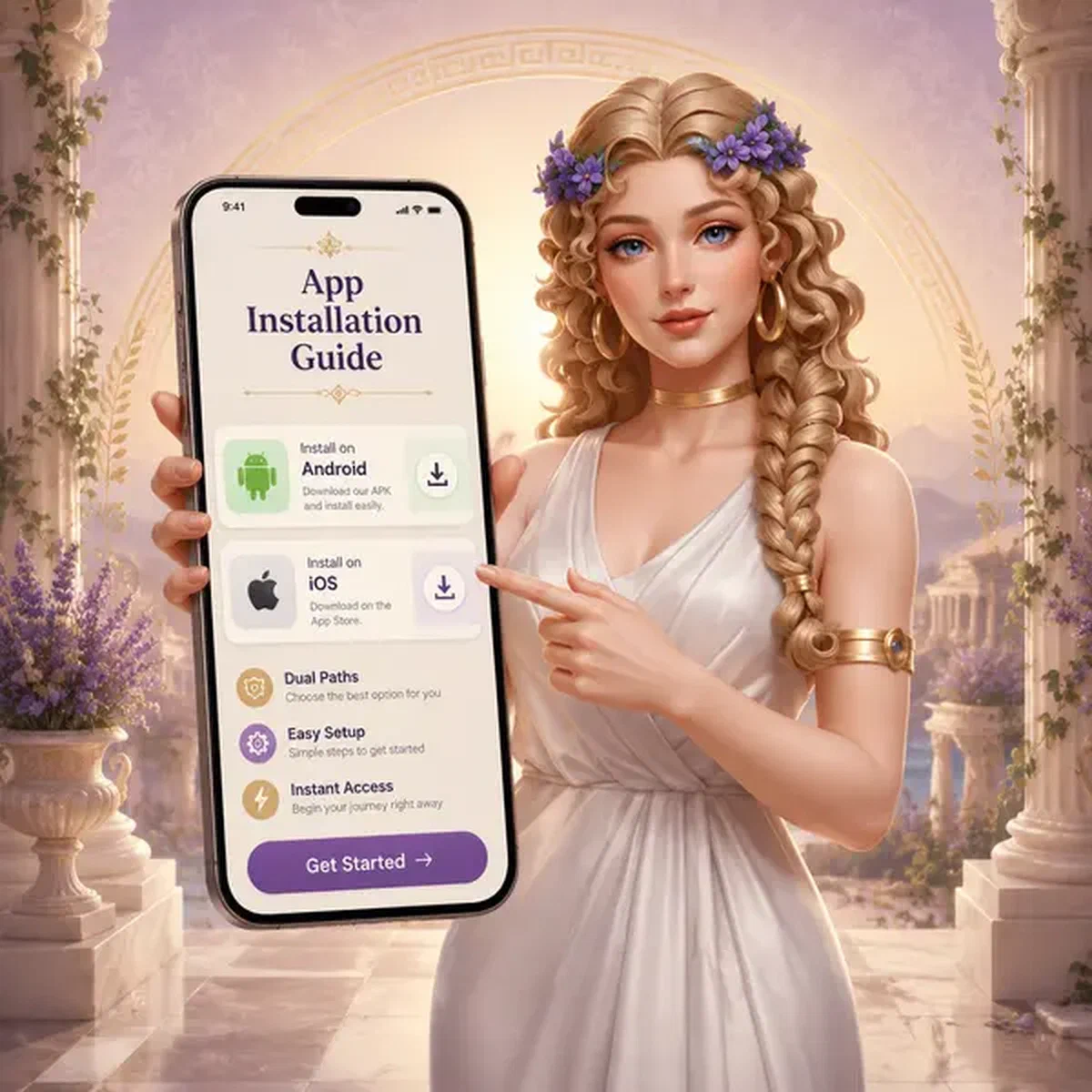 Guía de instalación de la app LiraSpin mostrando opciones de descarga para Android e iOS en pantalla de smartphone