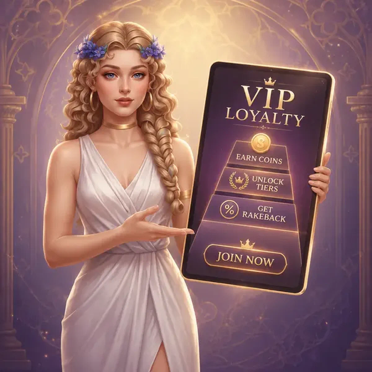 Musa elegante presentando niveles de fidelización VIP en tableta brillante en LiraSpin Casino