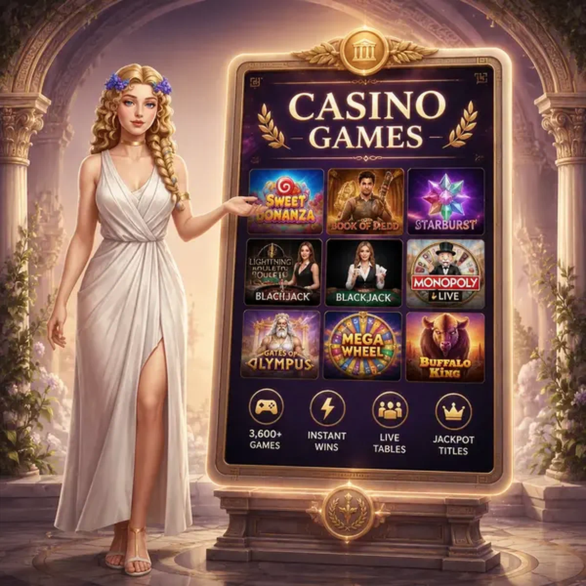 Mascota musa presentando biblioteca de juegos de casino en tableta mágica en LiraSpin